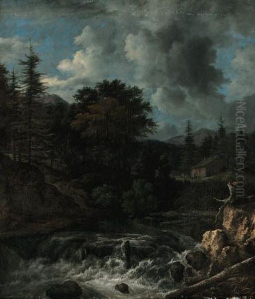 A Torrent In A Scandinavian Wooded Landscape, A Cottagebeyond Oil Painting by Jacob Van Ruisdael