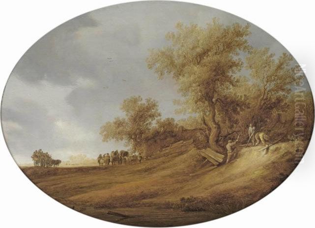 A Dune Landscape With Travellers On A Path And Three Men Mending A Fence Oil Painting by Salomon van Ruysdael