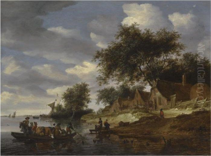 A River Landscape With Figures 
Crossing To The Shore On A Cattle Ferry, With Washerwomen On The Bank Oil Painting by Salomon van Ruysdael