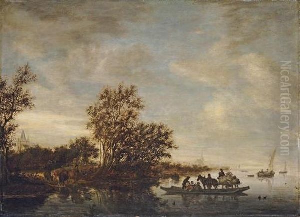 A River Landscape By Herwen And 
Aerdt In Gelderland, With A Ferry Taking A Horse And Cart Across The 
River And Cattle And A Drover By The Bank Oil Painting by Salomon van Ruysdael