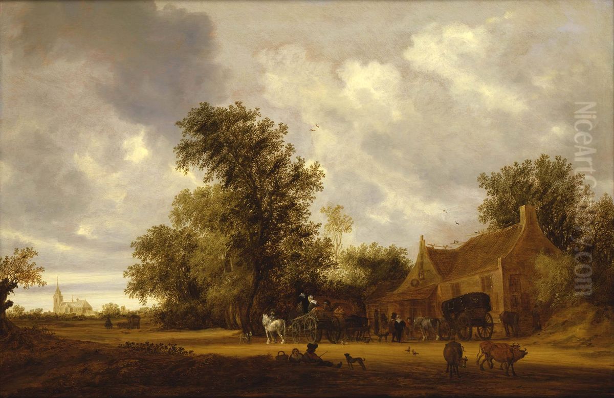 A Wooded Landscape With Cattle, Carriages On A Track And An Inn, A Church Beyond Oil Painting by Salomon van Ruysdael