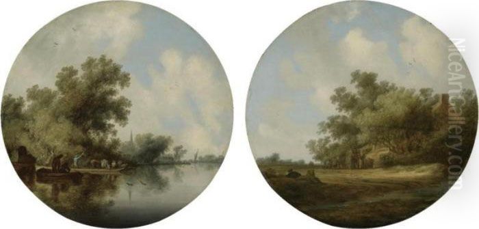 A River Landscape With A Cattle 
Ferry By A Wooded Bank; A Landscape With Figures In A Wagon By A House 
Overhung With Tress Oil Painting by Salomon van Ruysdael