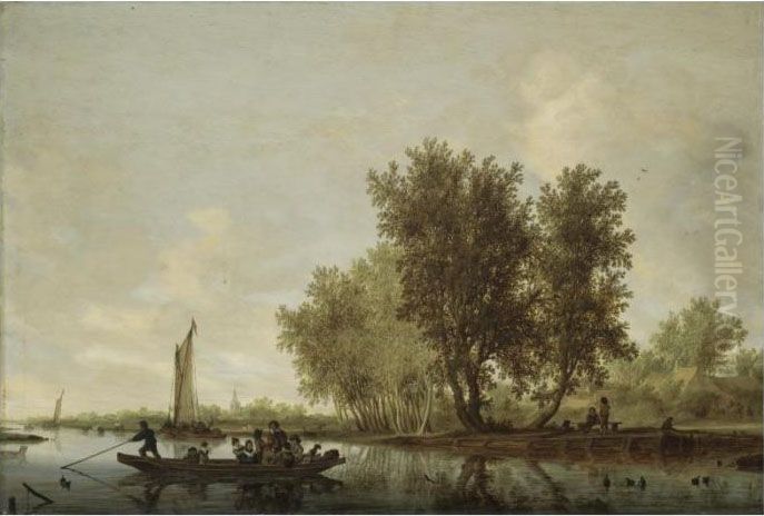 A River Landscape With Figures 
In A Ferry, Barges And Rowing Boats Beyond, And Other Figures Resting On
 A Bench Near Cottages Oil Painting by Salomon van Ruysdael