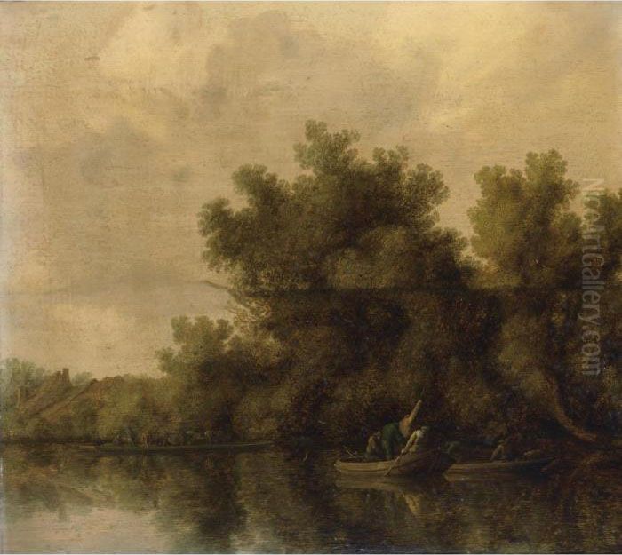 A River Landscape With Fishermen
 In Rowing Boats Lifting Traps Near A Bank, A Ferry With Cattle And A 
Farm Beyond Oil Painting by Salomon van Ruysdael
