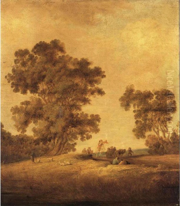 A Trumpeter And Two Horsemen 
With A Horse-drawn Cart In A Landscape, A Shepherd With His Herd Near A 
Group Of Trees On The Left Oil Painting by Salomon van Ruysdael