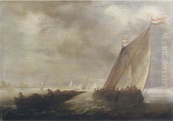 A Sailing Vessel And A Rowing 
Boat In A Stiff Breeze Together Withother Shipping, A Village Beyond Oil Painting by Salomon van Ruysdael