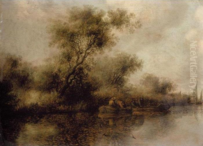 A River Landscape With Fishermen Bringing In Their Nets Oil Painting by Salomon van Ruysdael