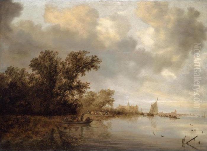 A River Landscape With A 
Ferryboat And Fishing-boat With A Man Shooting Ducks, A Town Beyond Oil Painting by Salomon van Ruysdael