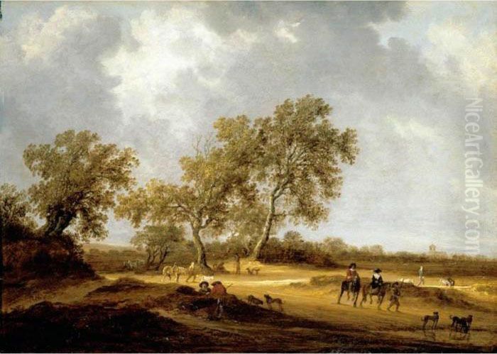 A Sandy Landscape With 
Travellers On Foot And Mounted, Others Resting, A Church In The Distance Oil Painting by Salomon van Ruysdael