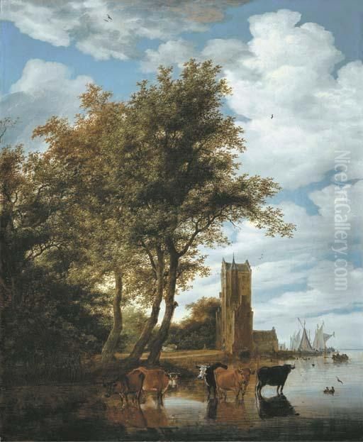 A River Landscape With The 
Pellecussenpoort Near Utrecht, Five Cattle Wading In The Foreground And 
Boats Moored At The Tower Beyond Oil Painting by Salomon van Ruysdael
