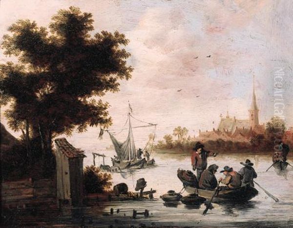 Fishermen Laying Lobster Pots 
From A Rowing Boat On A River,shipping And A Village Beyond, At Sunset Oil Painting by Salomon van Ruysdael