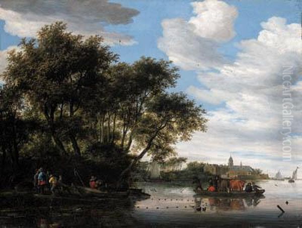A View Of The River Vecht, With A
 Ferry And Fishermen Unloadingtheir Boat, Nijenrode Castle Beyond Oil Painting by Salomon van Ruysdael