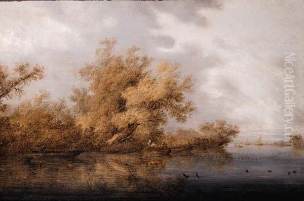 A Calm: A Wooded River Landscape
 With Fishermen And Sportsmen Inrowing Boats, Sailing Ships Beyond Oil Painting by Salomon van Ruysdael