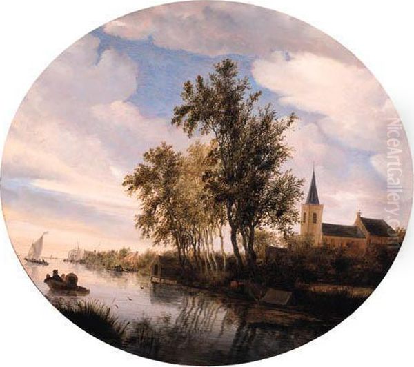 A Village By A River With 
Fishermen In Rowing Boats Moored Near Theshore, Ferries And Sailing 
Ships Setting Out Beyond, At Dawn, On Acloudy Day Oil Painting by Salomon van Ruysdael