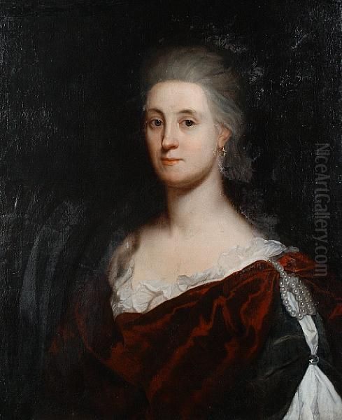 Portrait Of A Lady, Half-length,
 With A Red And Green Mantel, A White Chemise And A Pearl Clasp Oil Painting by Godfried Schalcken