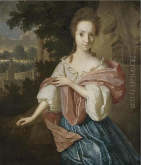 Portrait Of A Lady, Three 
Quarter Length, Wearing A White Chemisette, A Blue Skirt And A Red 
Shawl, A Landscape And Fountain Beyond Oil Painting by Godfried Schalcken