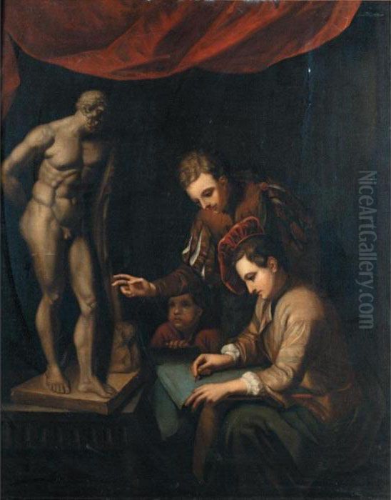 Interior With Young Artists 
Recieving Instruction While Sketching From A Model Of The Farnese 
Hercules Oil Painting by Godfried Schalcken