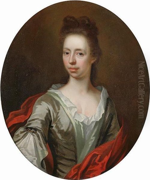 Portrait Of A Gentleman, 
Half-length, In A Grey Silk Coat With Gold Embroidery And A White Lace 
Jabot; And Portrait Of A Lady, Half-length, In A Green Silk Dress With A
 Red Wrap Oil Painting by Godfried Schalcken