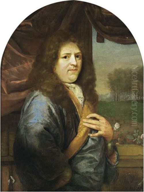 A Portrait Of A Man, Standing 
Half-length, Wearing A Blue Orange-lined Satin Overcoat With White Lace 
Chemise, In Front Of A Stone Balustrade With Curtain, A Park Landscape 
Beyond Oil Painting by Godfried Schalcken