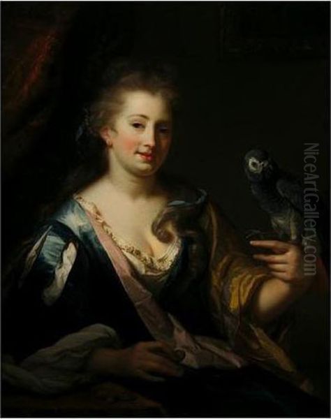 Portrait Of A Lady, Half-length 
Seated, Wearing A Dressing-gown And A Wig, Feeding A Parrot Oil Painting by Godfried Schalcken