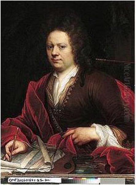 Portrait Of An Artist, 
Half-length Seated, Holding A Pencil, With His Painting Accoutrement Oil Painting by Godfried Schalcken