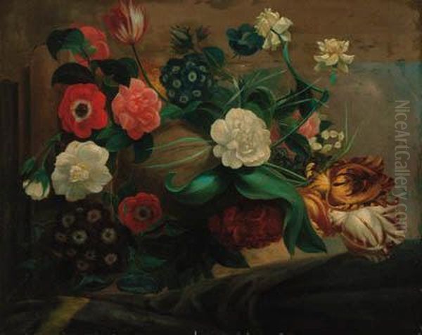 Parrot Tulips, Anemonies, 
Narcissae, Convulvulae, Auriculars,rosebuds And Other Flowers In An Urn 
On A Stone Ledge Oil Painting by Godfried Schalcken
