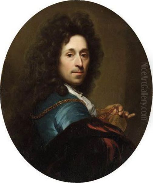 Portrait Of The Artist In A Blue
 Coat And Brown Velvet Cape With Amedallion Of The Elector Palatine, 
Johann Wilhelm; And Portrait Ofthe Artist's Wife, Franoise Van Diemen, 
In An Orange Dress With Ablack Cape, Before A Curtain Oil Painting by Godfried Schalcken