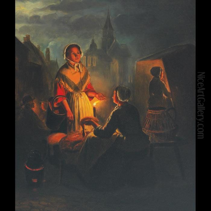 Woman At A Poultry Vendor Oil Painting by Petrus van Schendel