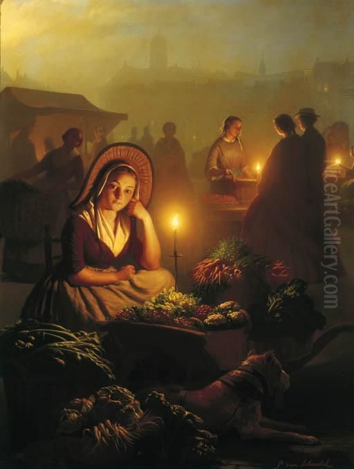 A Girl Selling Vegetables At The
 Night-market With The Dam Palace And The Nieuwe Kerk In The Distance, 
Amsterdam Oil Painting by Petrus van Schendel