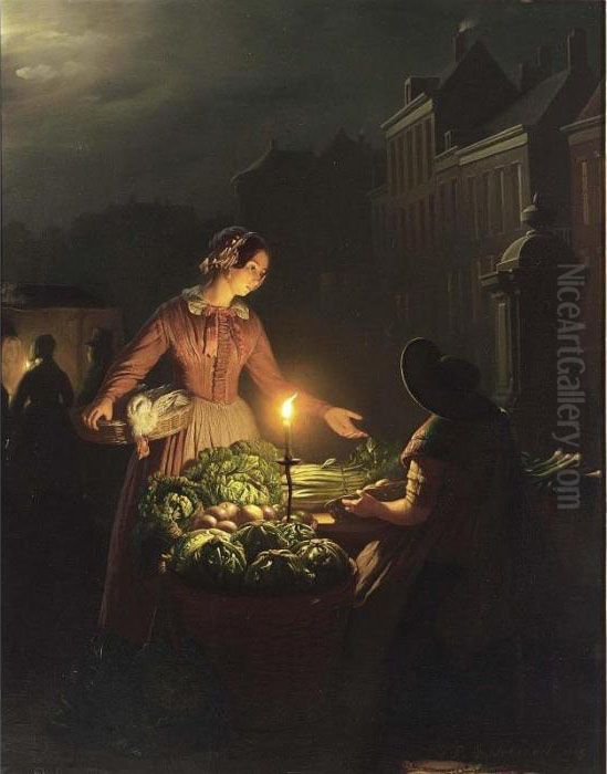 A Vegetable Seller By Candle Light Oil Painting by Petrus van Schendel