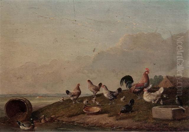 Chickens And Cockerel In A River Landscape Oil Painting by Franz van Severdonck