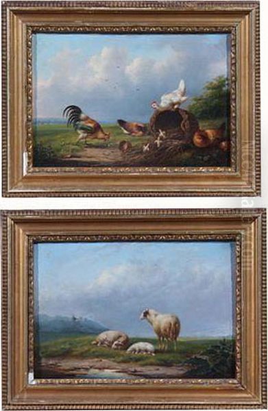 Chickens And Cockerel Feeding 
From An Upturned Basket And Sheepresting In An Extensive Landscape With 
Shepherd In The Distance Oil Painting by Franz van Severdonck