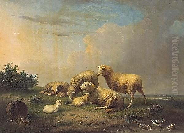 Sheep And Ducks In An Extensivelandscape Oil Painting by Franz van Severdonck