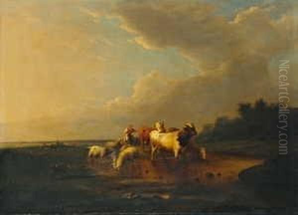 Landschaft Mit Einer Hirtin Und 
Vieh An Der Wasserstelle. Signiert Unten Rechts: Francois Van 
Severdonck. Ol Auf Leinwand (doubliert). H 69; B 95 Cm. Oil Painting by Franz van Severdonck