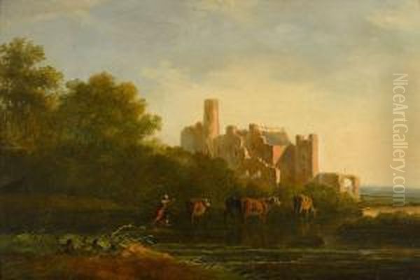 Herdsman And His Cattle At Sunset, A Ruined Castle In The Distance Oil Painting by Jacob Van Stry