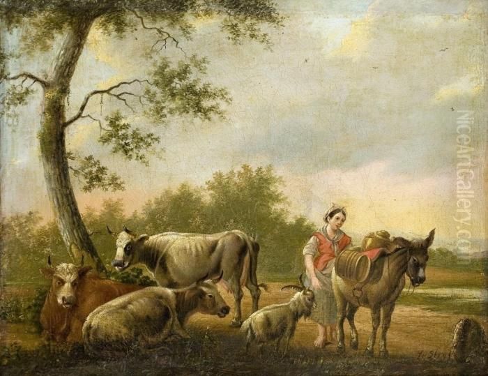 Landschaft Mit Hirtin Und Vieh Oil Painting by Jacob Van Stry
