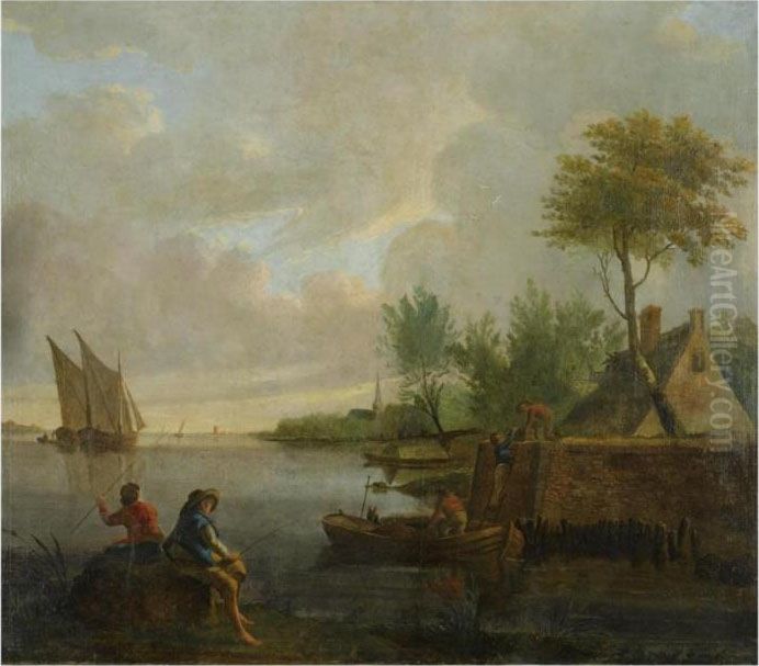 A River Landscape With Fishermen
 Loading Their Ware Onto A Boat,two Fishermen In The Front Oil Painting by Jacob Van Stry