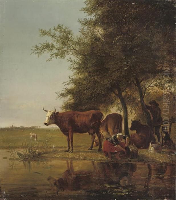 A Peasant Woman Cleaning Buckets At A Stream With Cows And Aherdsman Nearby Oil Painting by Jacob Van Stry