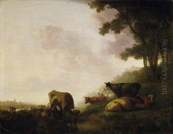 Farmer In The Morning Mist 
Milking The Cows On The Fields. Signed Bottom Right: J.v. Stry Oil Painting by Jacob Van Stry