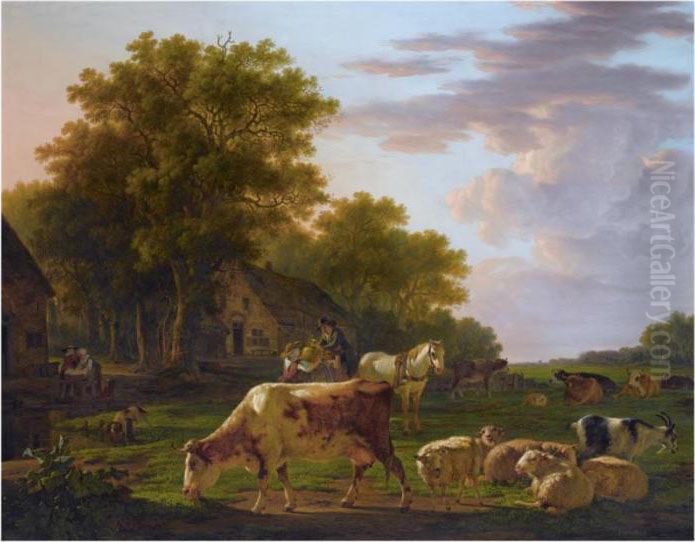 A Landscape With Cows And Sheep 
Near A Farmhouse, A Man In A Horse-drawn Cart Handing Over A Copper Jug 
To A Woman, Two Women Washing Clothes To The Left Oil Painting by Jacob Van Stry