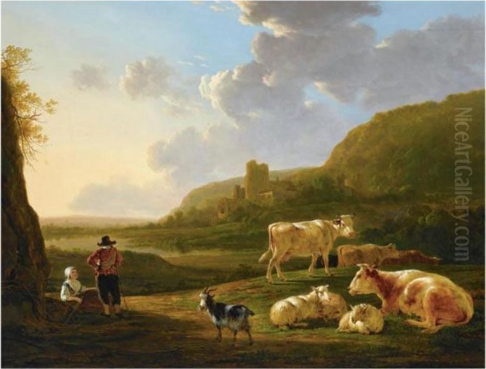 A Southern River Landscape With 
Shepherds Resting With Their Herd, A View Of A Ruin Beyond Oil Painting by Jacob Van Stry