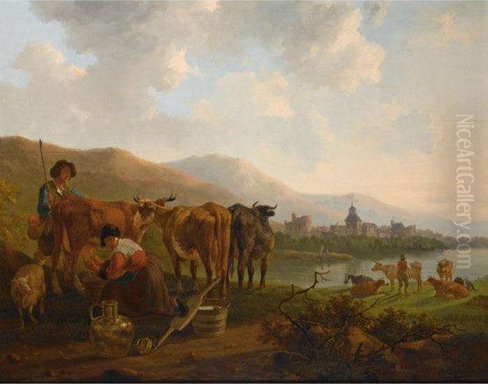 A River Landscape With A 
Shepherd And His Cattle Together With A Milkmaid Milking A Cow, A Town 
Beyond Oil Painting by Jacob Van Stry