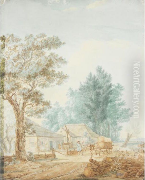 View Of A Farm By A Canal, With A
 Drover With His Horse And Cart And A Woman Drawing Water From A Well Oil Painting by Jacob Van Stry