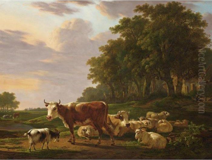 A Landscape With Cows, Sheep And Goats, And Houses Near The Edge Of A Wood With Figures Oil Painting by Jacob Van Stry