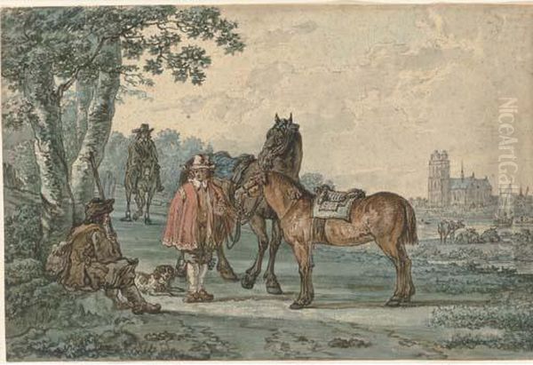 Horsemen On A Path With Dordrecht In The Distance Oil Painting by Jacob Van Stry