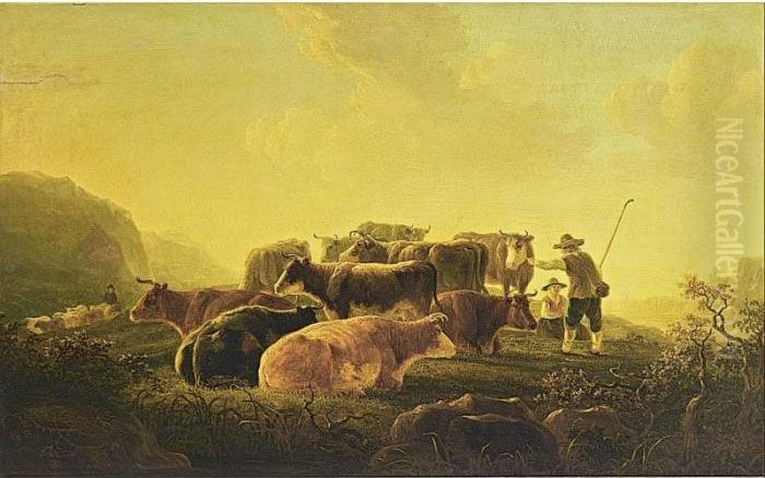 Strij Shepherds With Their 
Cattle And Another Shepherd With His Flock Of Sheep In The Background Oil Painting by Jacob Van Stry