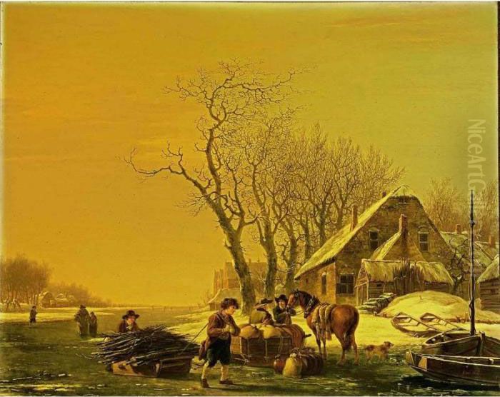 A Winter Landscape With Wood 
Gatherers Pulling A Sledge, And Merchantmen With Their Horsedrawn Sledge
 On A Frozen River, A Village Nearby Oil Painting by Jacob Van Stry