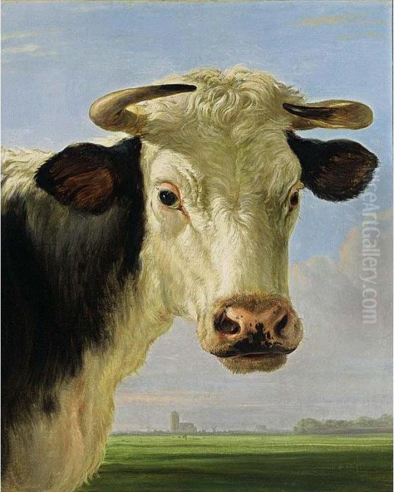 A Head Of A Bull With A View 
Over An Extensive Landscape Looking Towards The Grote Kerk Of Dordrecht Oil Painting by Jacob Van Stry