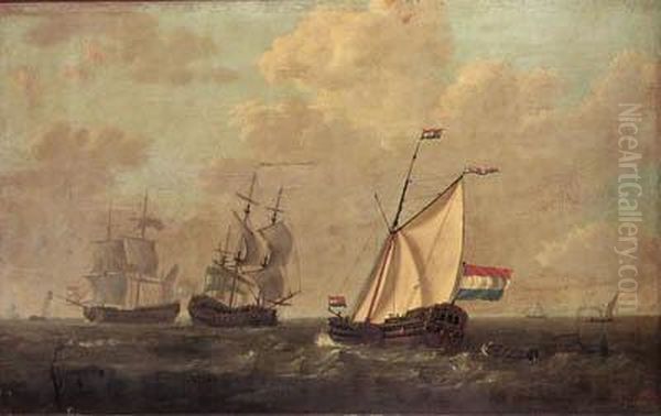 A Cutter Of The Dutch East India
 Company And Two Men-o-war Withother Shipping, A Town On The Horizon Oil Painting by Jacob Van Stry