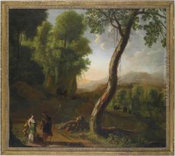 A Wooded Landscape With Meleager
 Presenting The Head Of The Calydonian Boar To Atalanta, The Rest Of The
 Hunting Party Retreating Beyond Oil Painting by Herman Van Swanevelt